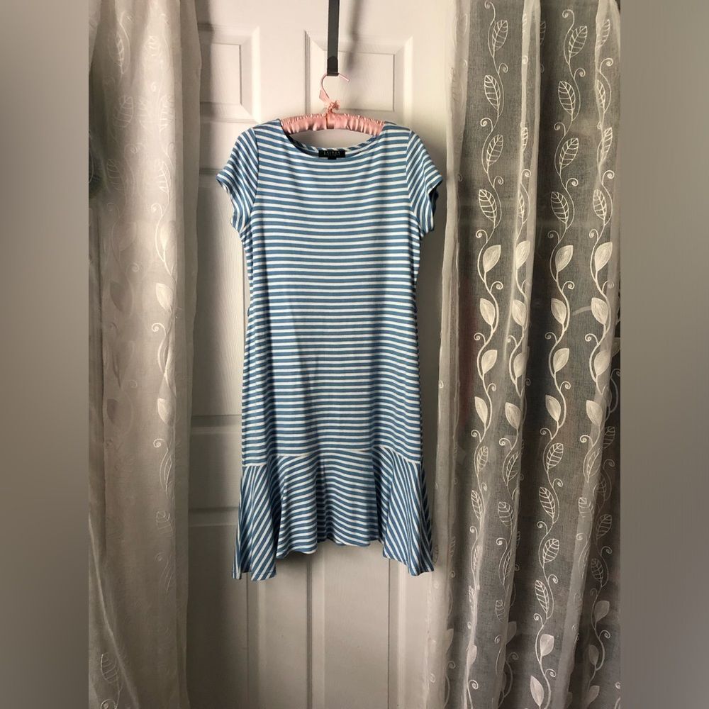 Lauren Ralph Lauren Women Dress Size L P Striped Blue Stretch knee length missin